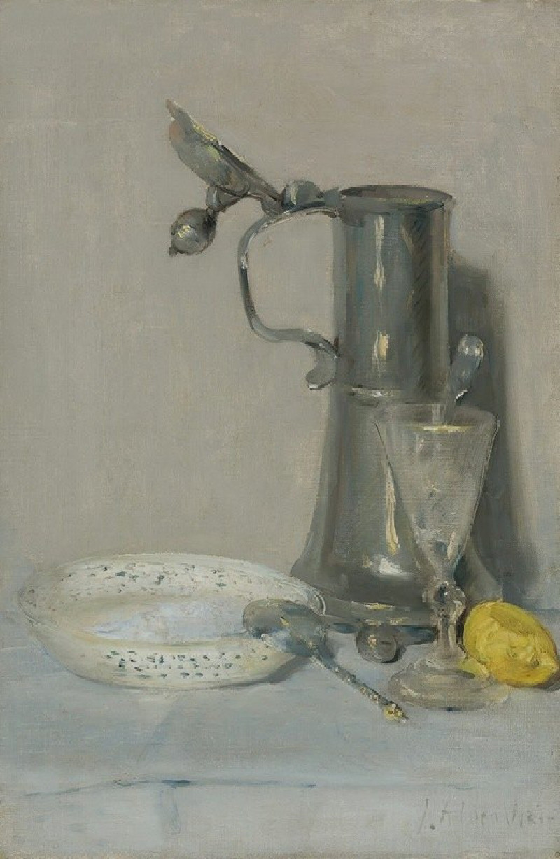 Still Life With Flagon, Glass And Bowl reproduction of painting by Julian Alden Weir. Still-life