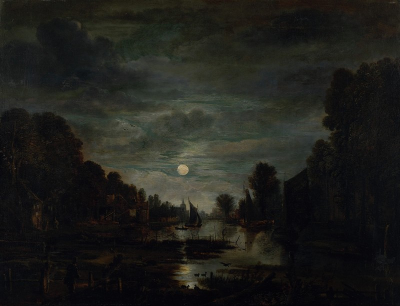 River Landscape in Moonlight (ca. 1645–55) reproduction of painting by Aert van der Neer. ALL GICLEE PRINTS