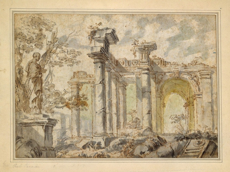 Ruins, with a Statue on the Left (ca. 1728) reproduction of painting by Giovanni Paolo Panini. ALL GICLEE PRINTS