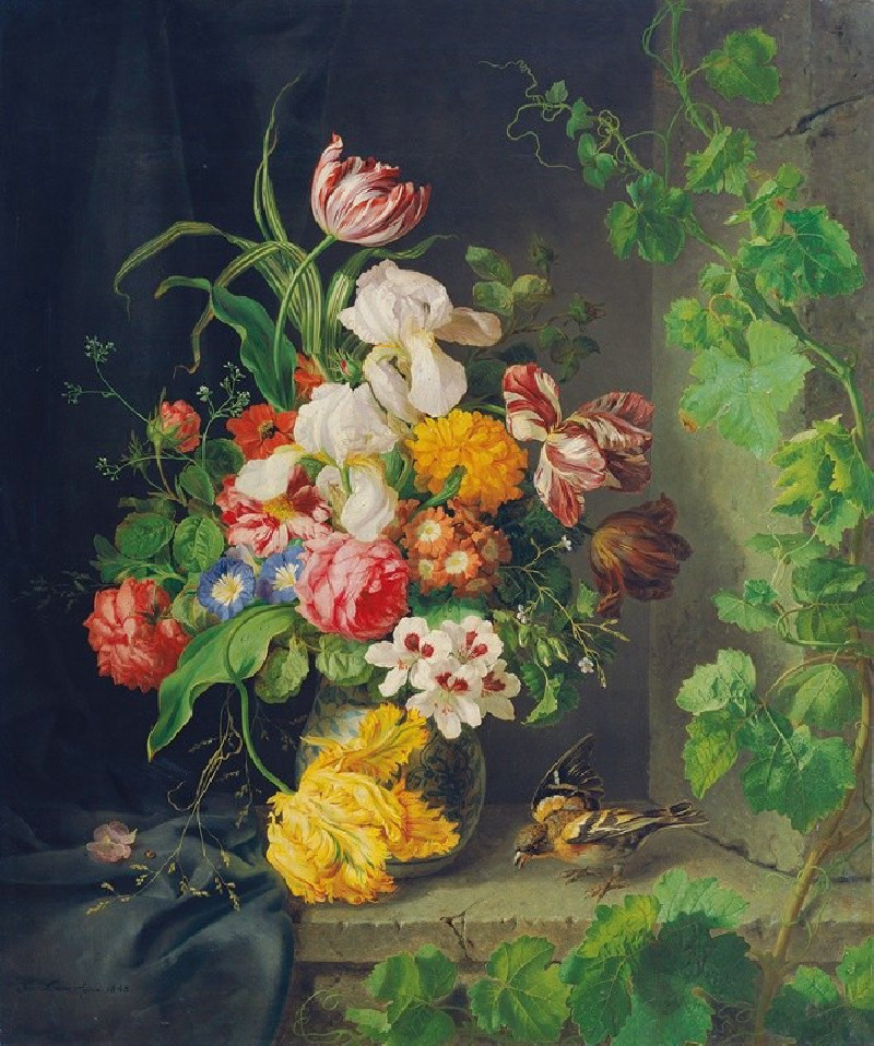 Still life with flowers, sparrow and vine branch (1848) reproduction of painting by Josef Lauer. Still-life