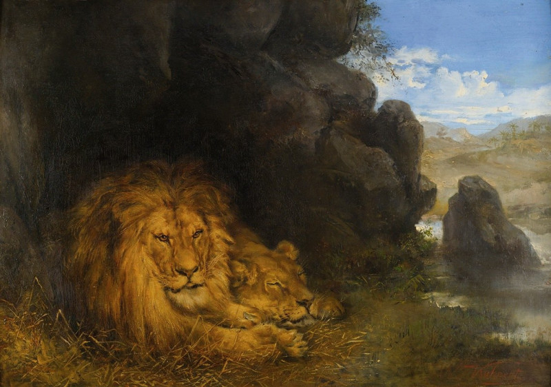 Two lions in a cave reproduction of painting by Wilhelm Kuhnert. ALL GICLEE PRINTS