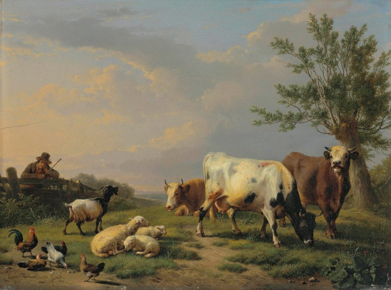 A Farmer With Three Cows, Three Sheep, One Goat And Five Chickens In A Landscape (1885) reproduction of painting by Eugène Jo...