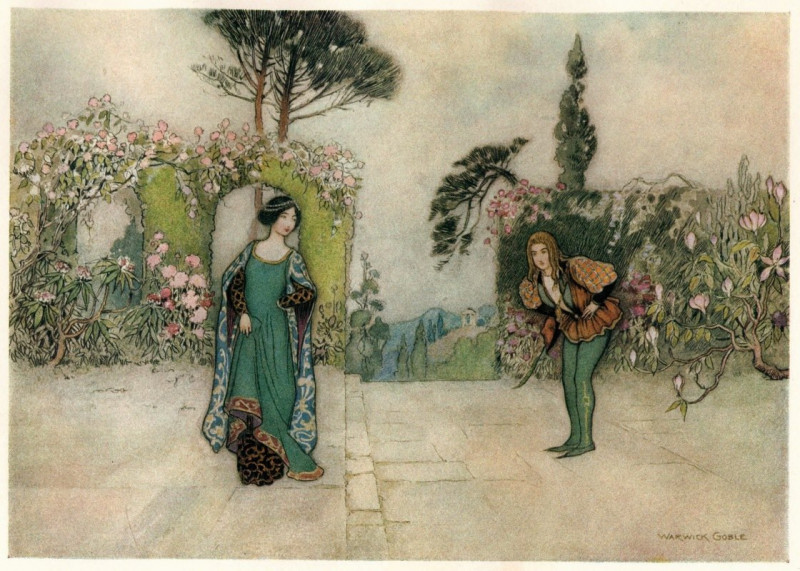 Violet and the Prince in the Garden (1911) reproduction of painting by Warwick Goble. ALL GICLEE PRINTS