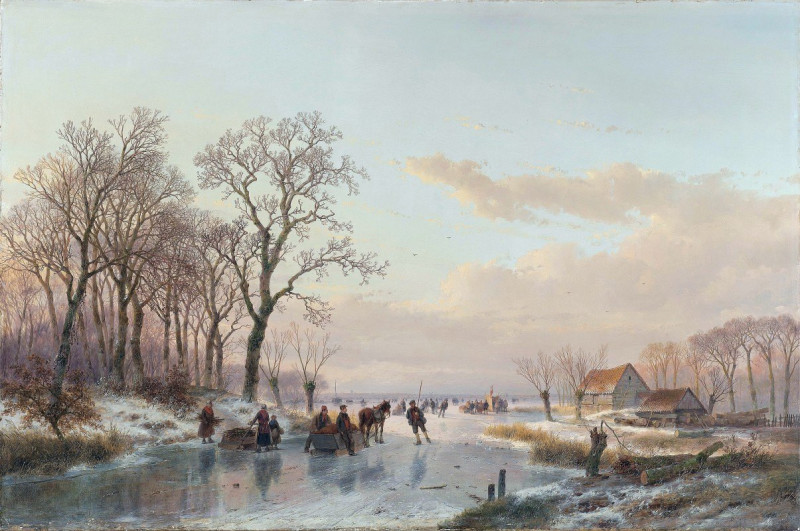 Andreas Schelfhout reprodukcija A Frozen Canal near the River Maas (1867), VISOS REPRODUKCIJOS , paveikslai, reprodukcijos in...