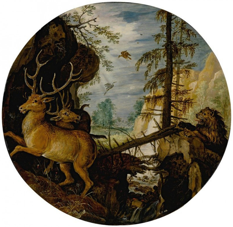 A lion hunting two deer reproduction of painting by Roelant Savery. ALL GICLEE PRINTS