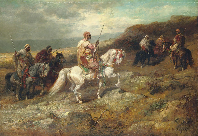 Arab Warriors On A Rocky Hillside reproduction of painting by Adolf Schreyer. ALL GICLEE PRINTS