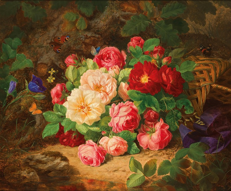 Josef Lauer reprodukcija A Forest Floor with a Still Life of Roses and Butterflies, Natiurmortas , paveikslai, reprodukcijos ...