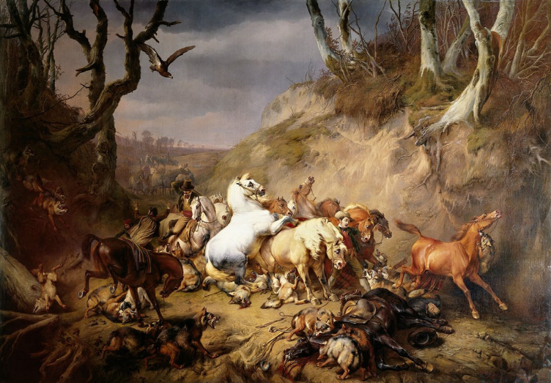 Hungry Wolves Attacking a Party of Riders (1836) reproduction of painting by Eugène Joseph Verboeckhoven. ALL GICLEE PRINTS