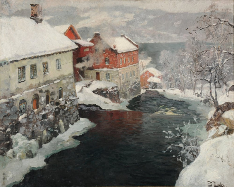 Fabriques en Norvège, les deux moulins sur la rivière Mesma (ca 1905) reproduction of painting by Frits Thaulow. ALL GICLEE P...