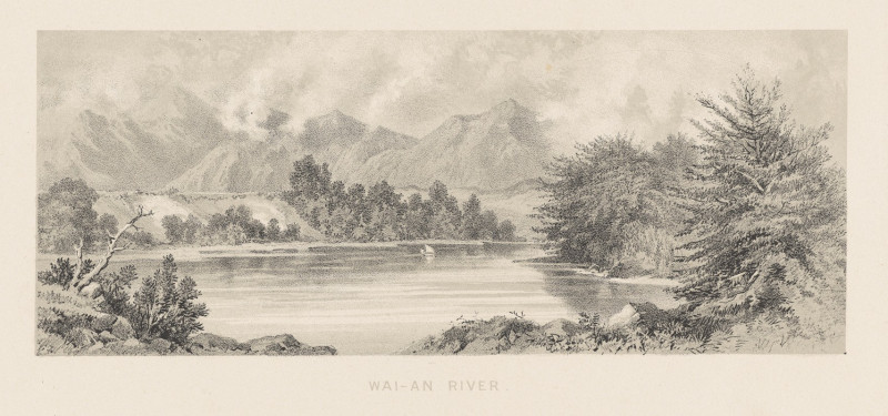 New Zealand Graphic and Descriptive. Plate V. Wai-au River (1877) reproduction of painting by Charles Decimus Barraud. ALL GI...