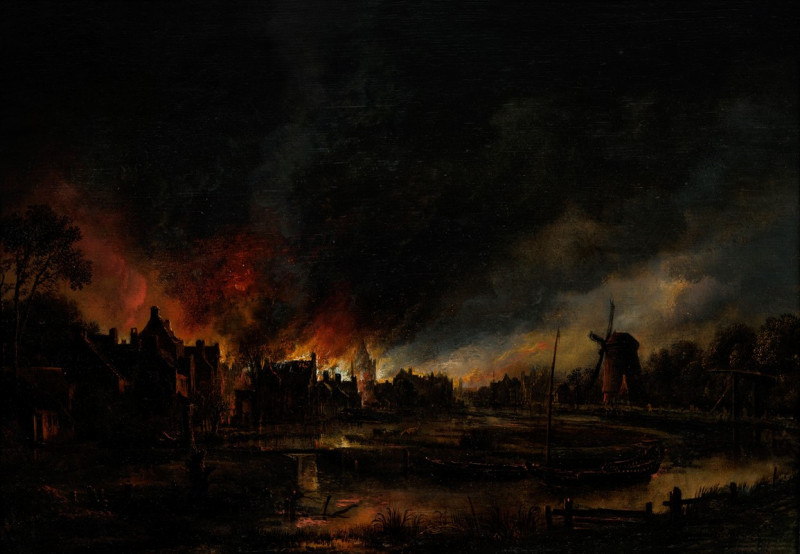 Fire in a village at night (1600s) reproduction of painting by Aert van der Neer. ALL GICLEE PRINTS