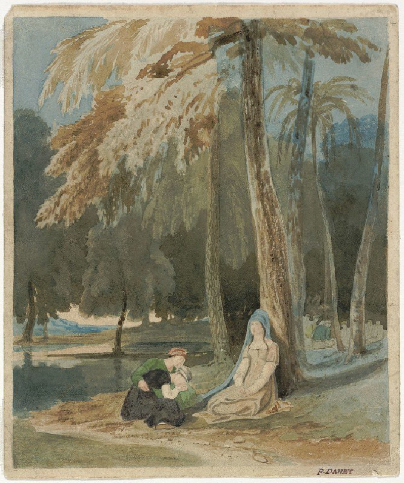 Three Women Seated by a Wooded Lake (c. 1826) reproduction of painting by Francis Danby. ALL GICLEE PRINTS