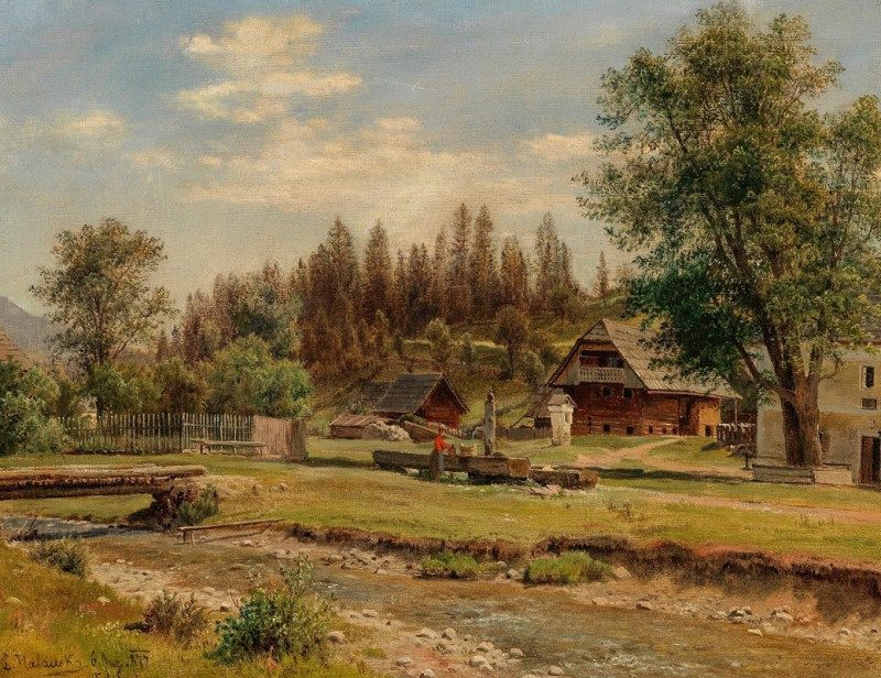 Blick auf das Dorf Tutschach bei Aflenz mit dem Jauringbach im Vordergrund (1877) reproduction of painting by Ludwig Halauska...