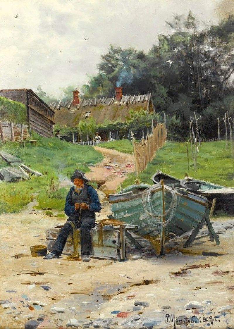 Mending The Nets (1891) reproduction of painting by Peder Mørk Mønsted. ALL GICLEE PRINTS