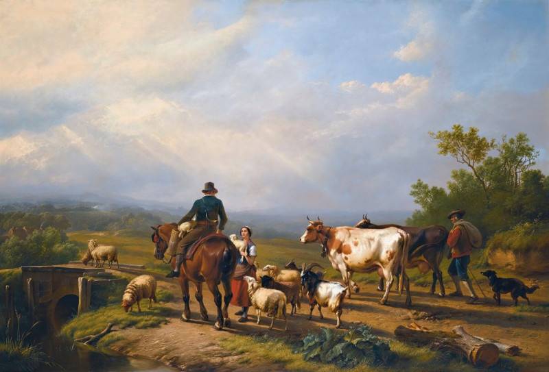 Rider Conversing With A Shepherdess In An Extensive Landscape (1850) reproduction of painting by Eugène Joseph Verboeckhoven....