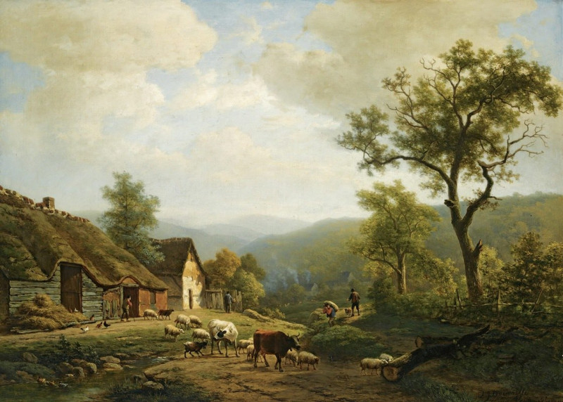 A Hilly Landscape With Cattle Going To The Fields reproduction of painting by Eugène Joseph Verboeckhoven. ALL GICLEE PRINTS