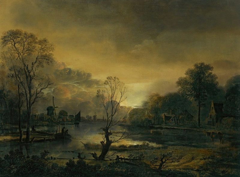 A River Landscape At Sunset With Fishermen Drawing In Their Net In The Foreground, Windmills Beyond reproduction of painting ...