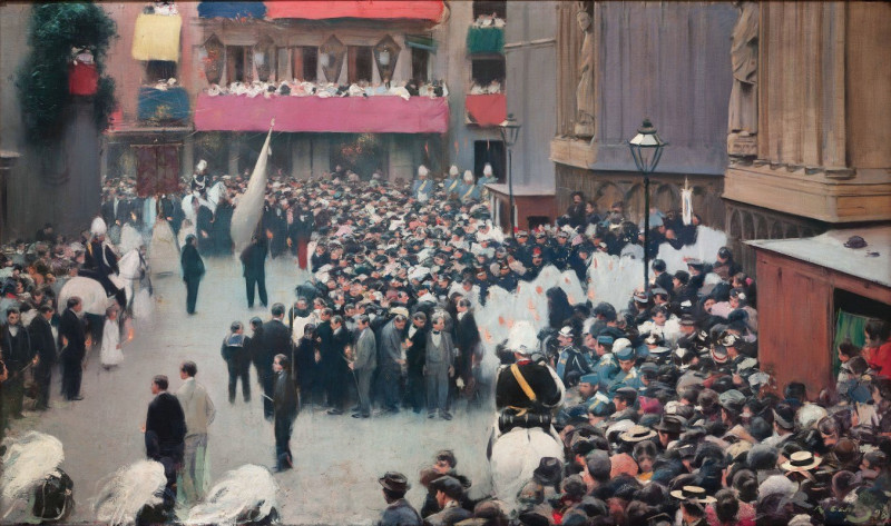 The Corpus Christi Procession Leaving The Church Of Santa Maria Del Mar (1896-1898) reproduction of painting by Ramón Casas. ...