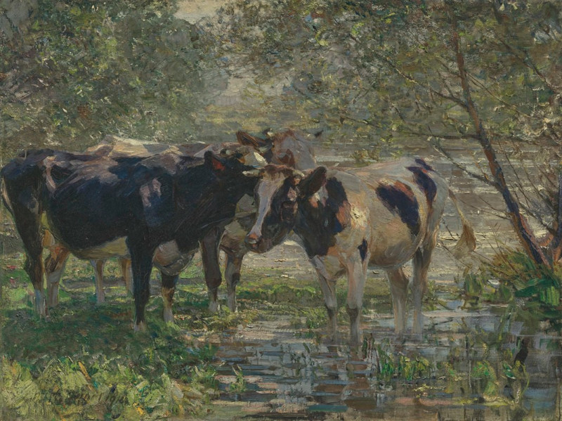 Drei Kühe am Bach (Three cows by a river) (1914) reproduction of painting by Heinrich Von Zügel. ALL GICLEE PRINTS