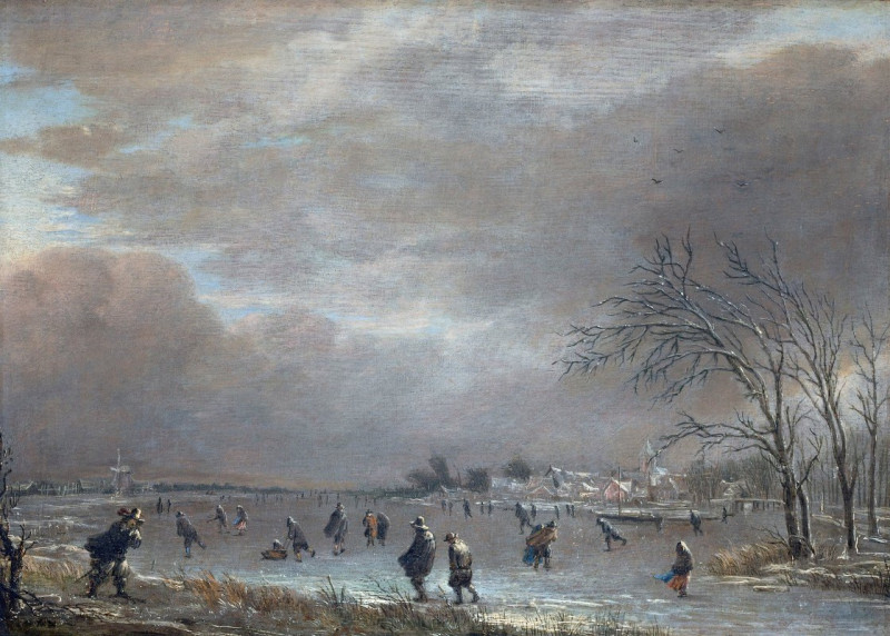 Winter Landscape with Skaters on a Frozen River reproduction of painting by Aert van der Neer. ALL GICLEE PRINTS