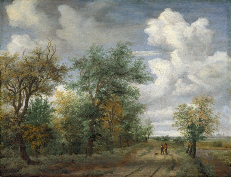 A Wooded Landscape with Figures (c. 1658) reproduction of painting by Meindert Hobbema. ALL GICLEE PRINTS