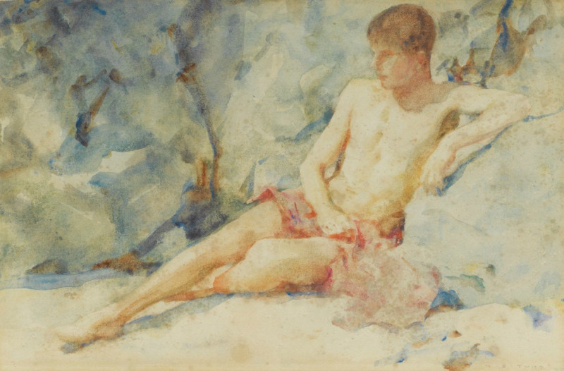 Boy against rock reproduction of painting by Henry Scott Tuke. ALL GICLEE PRINTS