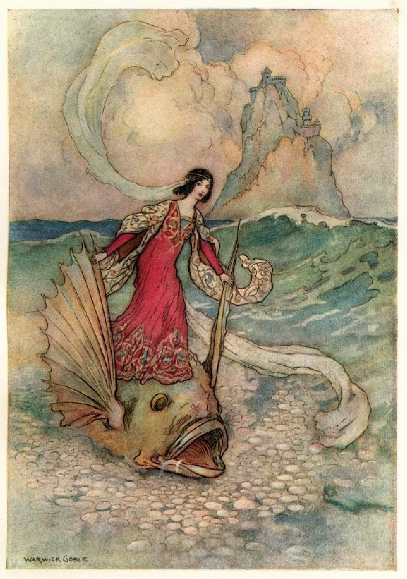 Rita riding on the Dolphin (1911) reproduction of painting by Warwick Goble. ALL GICLEE PRINTS