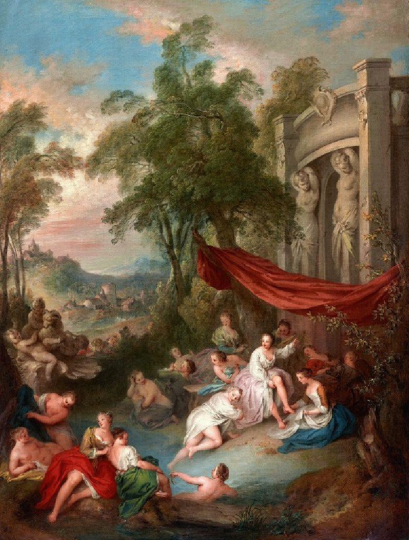 Female Bathers Near a Fountain (Nymphs Bathing in a Pool) (About 1730–1733) reproduction of painting by Jean-Baptiste Pater. ...