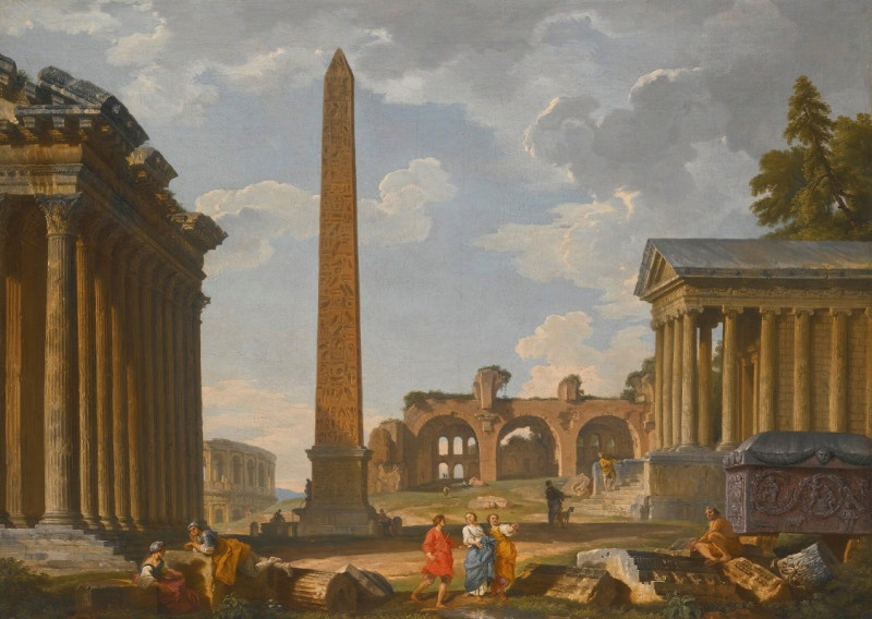 A Capriccio View Of Rome With Ancient Ruins And The Flaminian Obelisk (1736) reproduction of painting by Giovanni Paolo Panin...