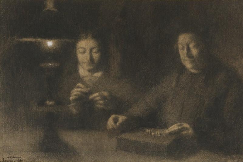 The Mother and Wife of the Artist Sewing by Lamplight (La mère et la femme de l’artiste cousant à la lumière d’une lampe) (18...