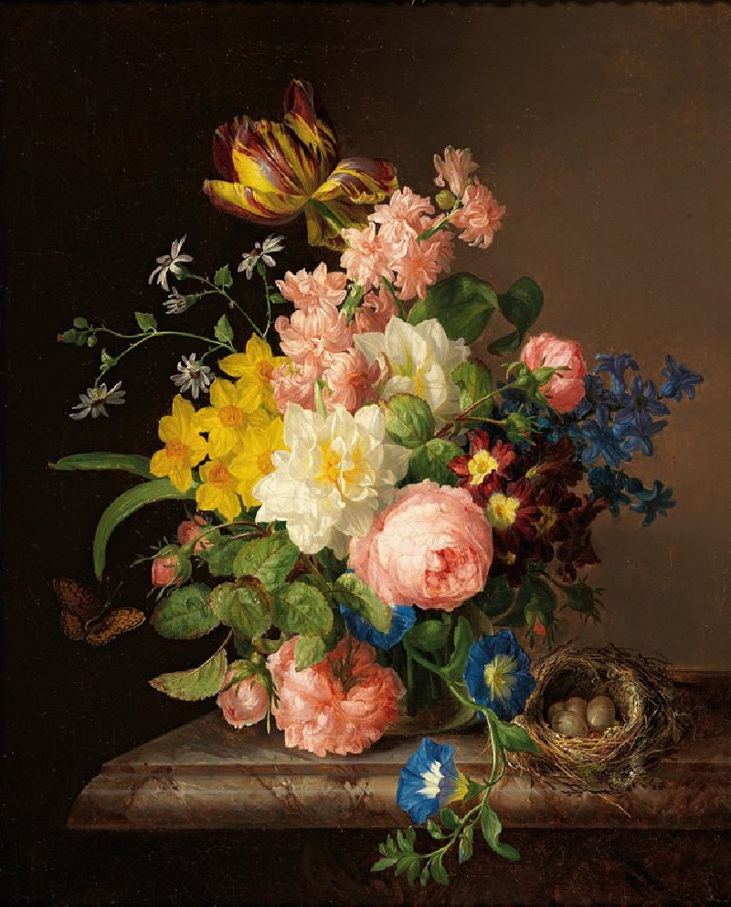 Blumenstrauß mit Vogelnest und Schmetterling (1843) reproduction of painting by Josef Lauer. ALL GICLEE PRINTS