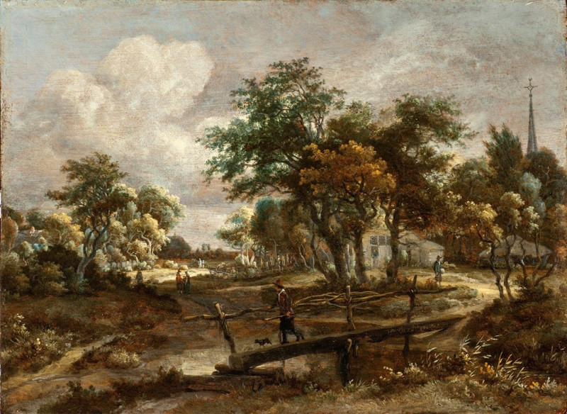 Landscape with a Footbridge (circa 1664-1665) reproduction of painting by Meindert Hobbema. ALL GICLEE PRINTS