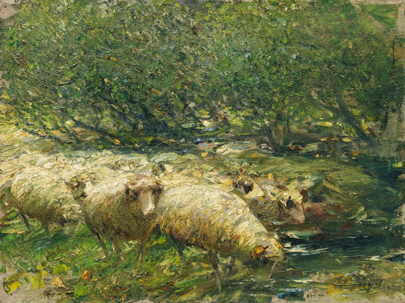 Schafherde am Bach im Baumschatten (1897) reproduction of painting by Heinrich Von Zügel. ALL GICLEE PRINTS