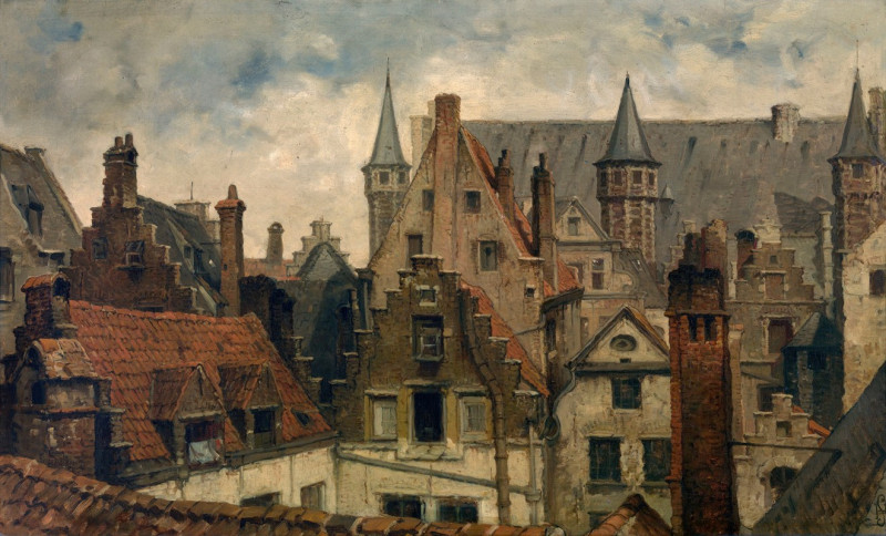 The Vleeshuis, Old Roofs and Crow-Stepped Gables reproduction of painting by Henri François Schaefels. ALL GICLEE PRINTS