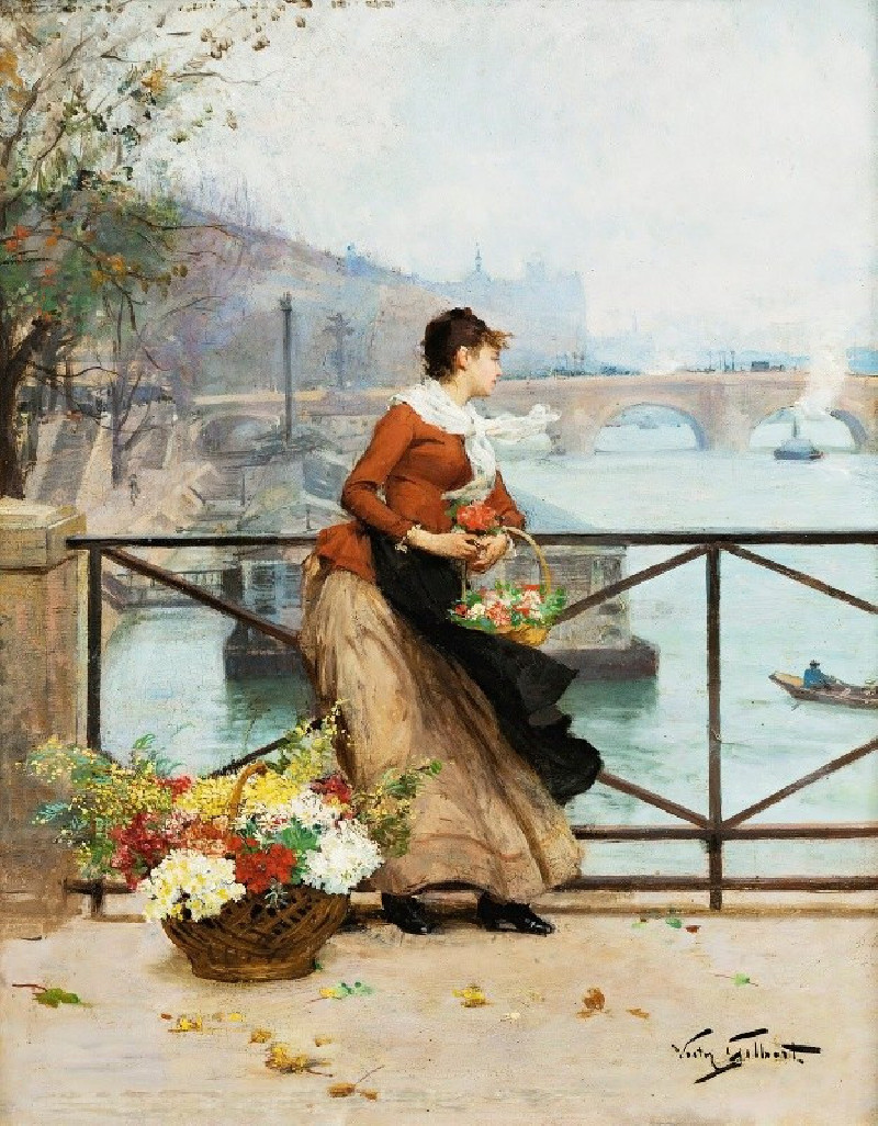 The Flower Vendor On The Pont Des Arts, Paris reproduction of painting by Victor Gabriel Gilbert. ALL GICLEE PRINTS