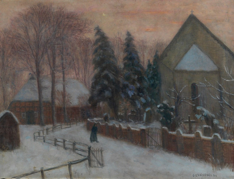 Winterabend, Fischerhuder Kirche mit Heimathaus (1940) reproduction of painting by Otto Modersohn. ALL GICLEE PRINTS