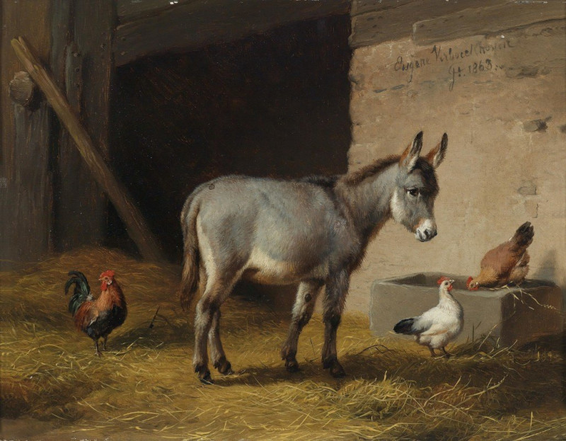 Esel und Hühner im Stall (1863) reproduction of painting by Eugène Joseph Verboeckhoven. ALL GICLEE PRINTS