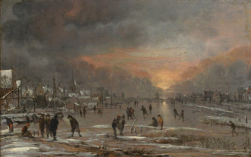 Sports on a Frozen River (ca. 1660) reproduction of painting by Aert van der Neer. ALL GICLEE PRINTS