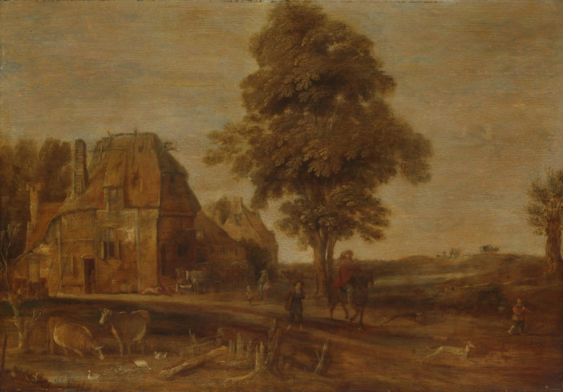 Landscape with an Inn (1639) reproduction of painting by Aert van der Neer. ALL GICLEE PRINTS