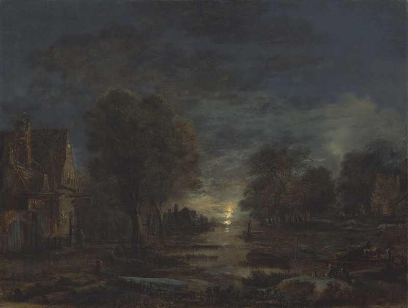 A moonlit landscape, with an inn beside a river reproduction of painting by Aert van der Neer. ALL GICLEE PRINTS