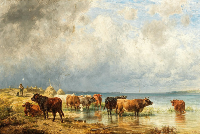 A herd of cattle near a Lake (1872) reproduction of painting by Friedrich Voltz. ALL GICLEE PRINTS