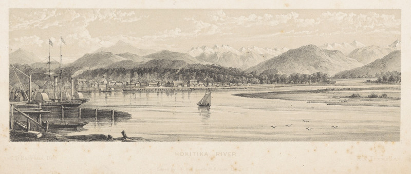 New Zealand Graphic and Descriptive. Plate IV. Hokitika River. (1877) reproduction of painting by Charles Decimus Barraud. AL...