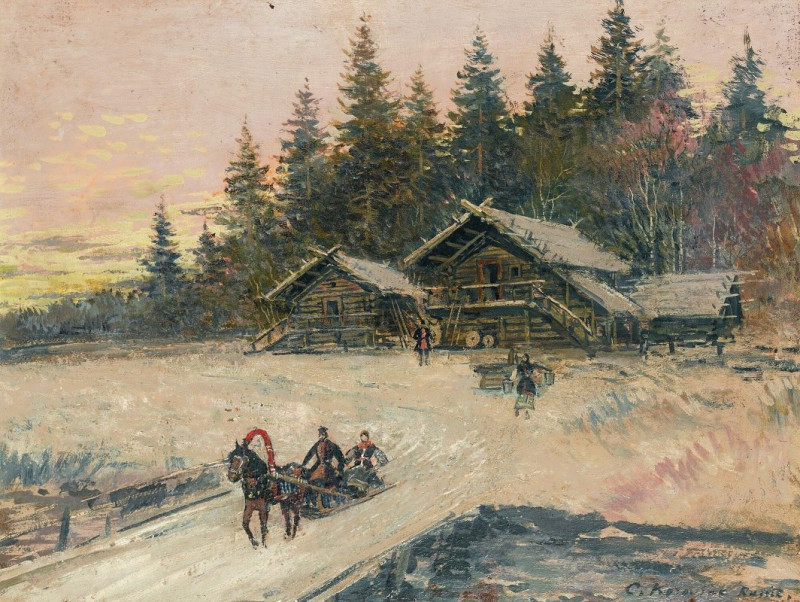 Winter Scene With Troika reproduction of painting by Konstantin Alexeevich Korovin. ALL GICLEE PRINTS