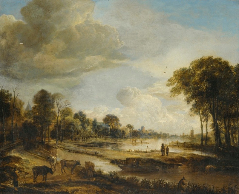 A River Landscape With Figures And Cattle reproduction of painting by Aert van der Neer. ALL GICLEE PRINTS