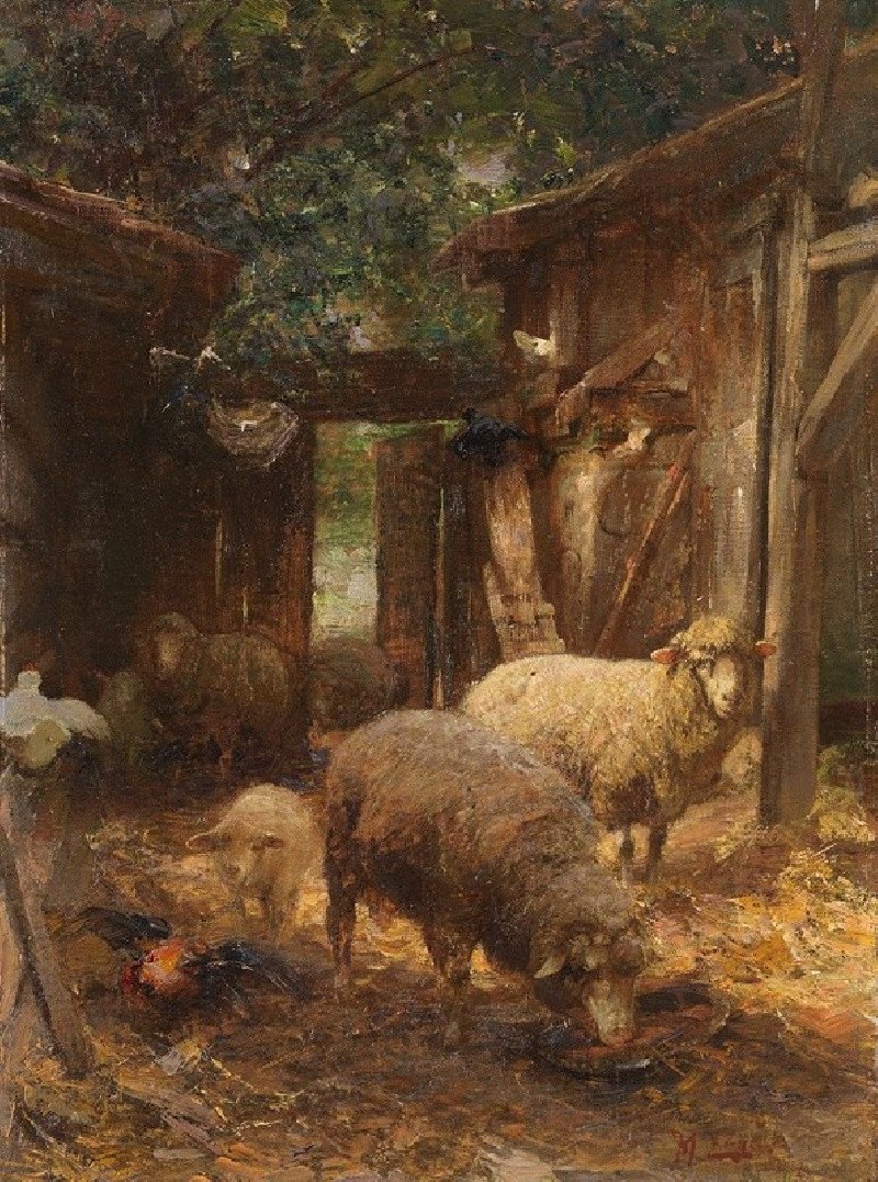 Schafe und Lämmer beim Hühnerstall (1896) reproduction of painting by Heinrich Von Zügel. ALL GICLEE PRINTS