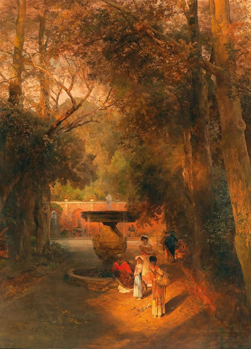 In the park by the fountain of Villa Torlonia in Frascati, near Rome reproduction of painting by Oswald Achenbach. ALL GICLEE...