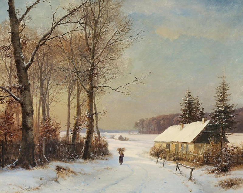 Anders Andersen-Lundby reprodukcija Vinterlandskab med kone på en landevej ud for et hus (1871), VISOS REPRODUKCIJOS , paveik...