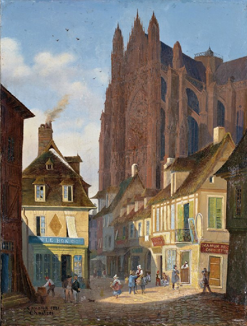 Giuseppe Canella reprodukcija A street in Chartres with the Cathedral in the background, VISOS REPRODUKCIJOS , paveikslai, re...