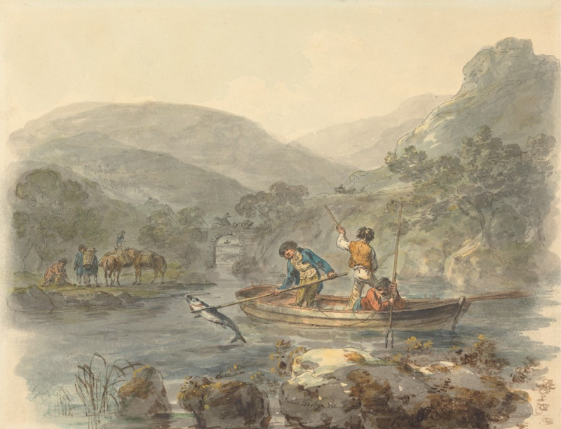 Salmon Spearing reproduction of painting by Julius Caesar Ibbetson. ALL GICLEE PRINTS