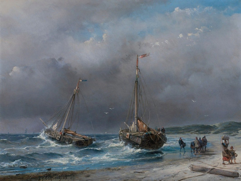 Unloading the catch (1853) reproduction of painting by Andreas Schelfhout. ALL GICLEE PRINTS